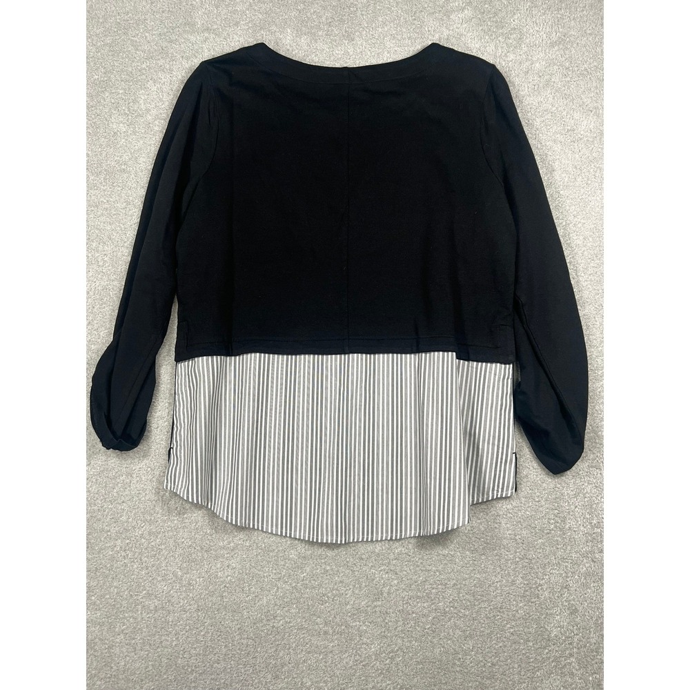Chico's Black Layered Look Pullover Top Striped Trim Roll Tab Sleeve Size Medium - Picture 7 of 9